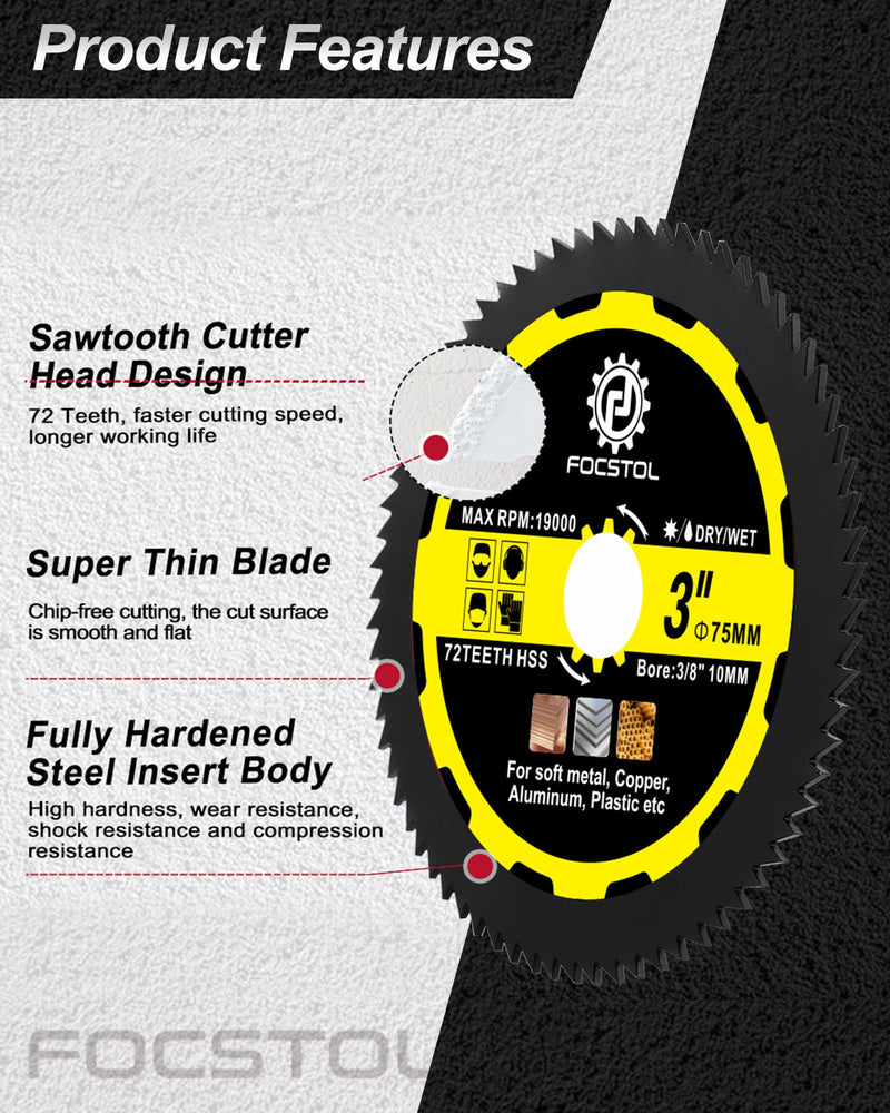 FOCSTOL Cutting Disc Set 75 mm x 10 mm - 4 Pieces Saw Blades for Cutting Wood Metal Plastic for Angle Grinder TCT/Holz/HSS Trennscheibe