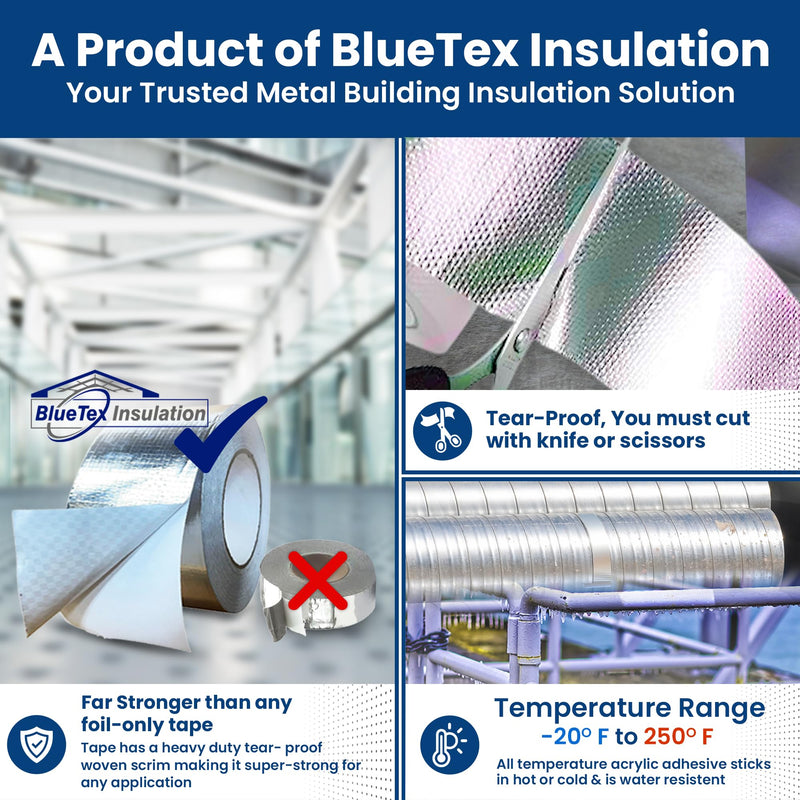 BlueTex Insulationㅤ HVAC Aluminum Foil Tape 3 inch x 150 ft (6 mil), Professional Grade Silver Duct Tape Metallic, Tear-Proof HVAC Tape, Heavy Duty, for Ductwork, Dryer Vent & Insulation - 1 Roll 3" wide x 150' long