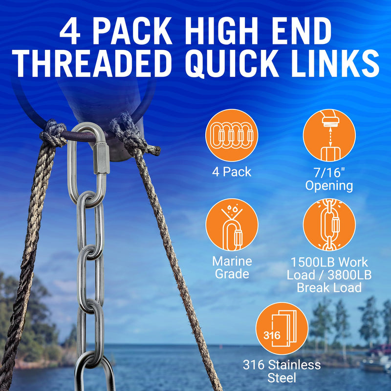 [Australia - AusPower] - 316 Stainless Steel Locking Carabiner Threaded Quick Link Chain Link Connector Clips Heavy Duty D Shape Repair Safety Quicklinks 1/2, 3/8, 5/16 or Small 1/4 Marine Grade Metal - 4pcs Quick Links 5/16" 