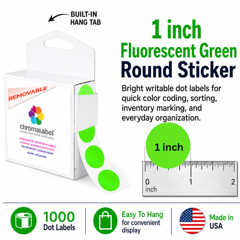 ChromaLabel 1 Inch Fluorescent Green Dot Stickers, Removable Round Color Coding Labels, 1,000 Green Circle Stickers in Dispenser Box for Inventory, Classroom, Office 1"