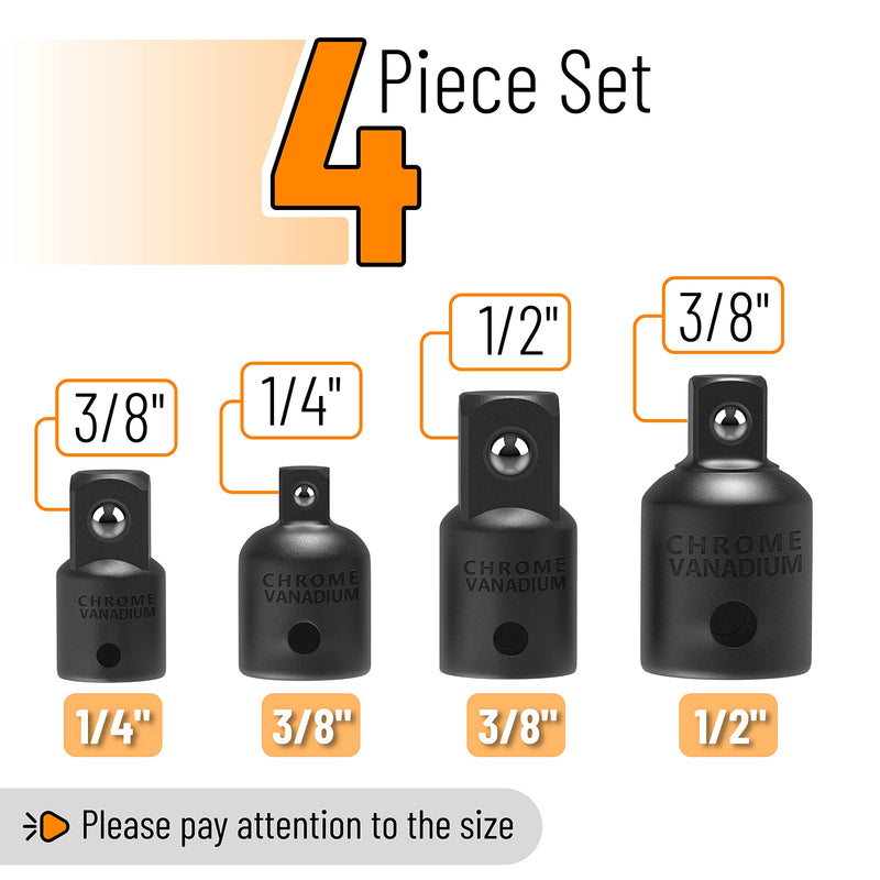 [Australia - AusPower] - Bates- Impact Socket Adapter and Reducer Set, 4-pcs, Impact Sockets Adapter Sets, Impact Adapter, Socket Adapter Set, 1/2 to 3/8 Socket Adapter, 3/8 to 1/2 Socket Adapter, 3/8 to 1/4 Socket Adapter Black 