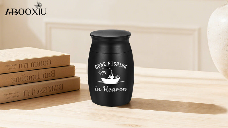 Abooxiu Small Urns for Human Ashes Keepsake 2.76 Inches Mini Urns for Ashes Memorial Small Cremation Keepsake Urn Mini Funeral Burial Decorative Urn for Adult Males Females - Gone Fishing in Heaven Non-customized