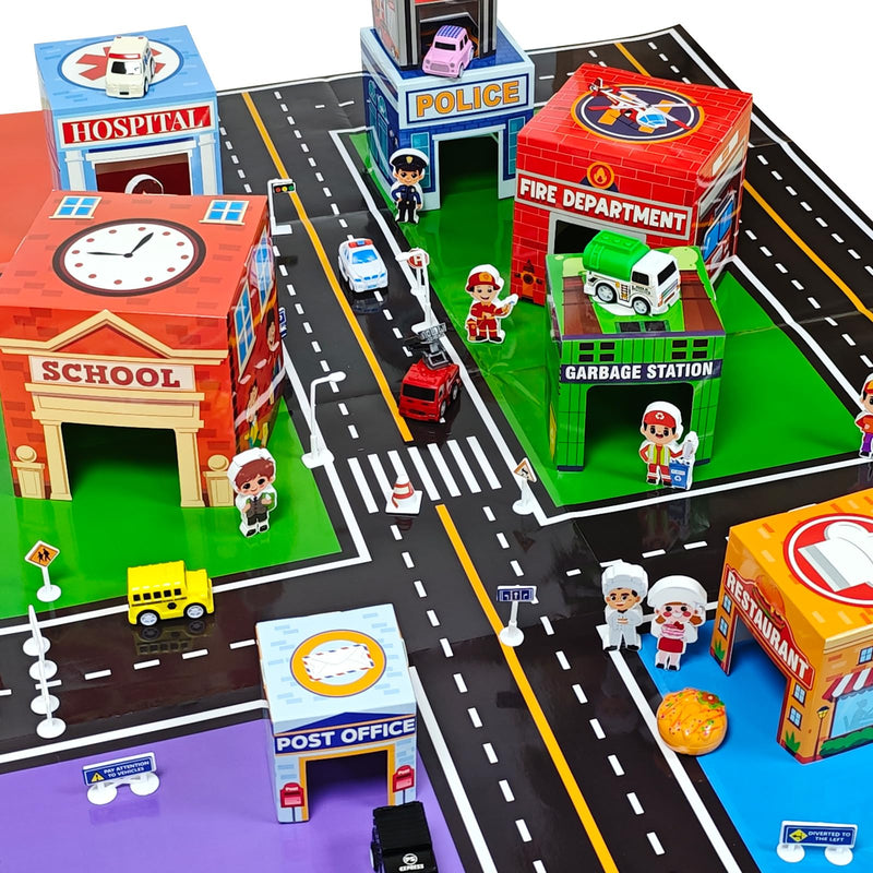 Cinrobiye Community Helpers Sorting and Stacking Set with Wooden Figures Traffic Signs Vehicles Modern City Mat Vehicle Preschool Learning Montessori Game Nesting Boxes for Boys Girls Birthday Gift
