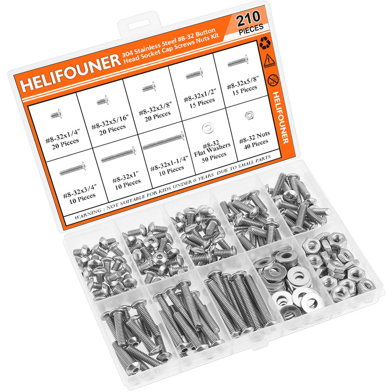 [Australia - AusPower] - 210 Pieces #8-32 x 1/4" 5/16" 3/8" 1/2" 5/8" 3/4" 1" 1-1/4", Button Head Socket Cap Screws Bolts Washers Nuts Kit, Coarse Thread, Fully Machine Threaded, 304 Stainless Steel 