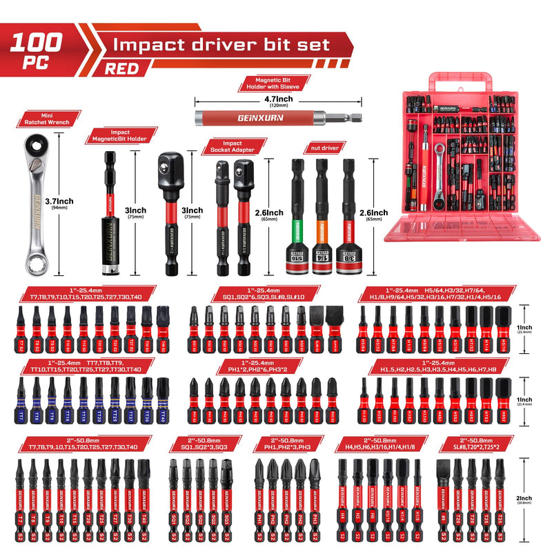 Geinxurn 100Pieces 1”/2” Impact Screwdriver Bits Set, Magnetic S2 Steel (Phillips/Slotted/Square/Torx/Hex/Security Torx) Driver Bits Tips,Impact Bit Holder and Nut Driver with Red Storage Box Case 1"/2"-100PCS Multi-bit 100