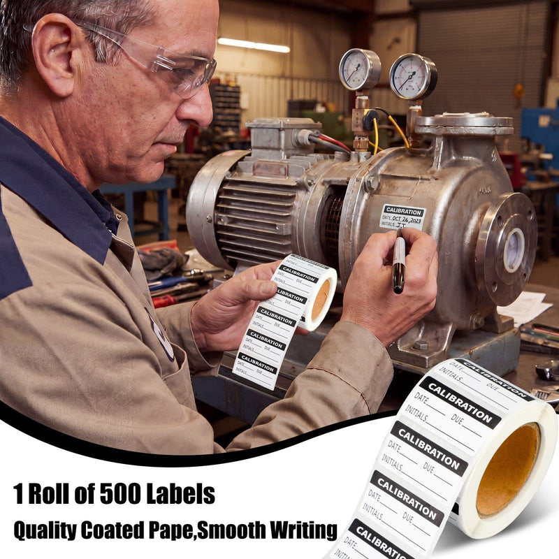 500 PCS Black and White Calibration Labels - 3/4 x 1 1/2 Inch Adhesive Calibration Stickers with Date, Due, Inspector Initials for Manufacturing Laboratories Warehouses