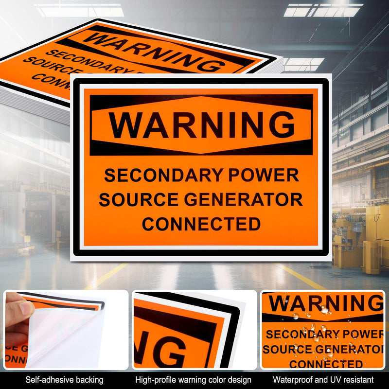 10 Pcs WARNING Secondary Power Source Generator Connected Safety Decal Label - 5 x 3.5 Inch Vinyl Warning Sign Stickers for Electrical Industrial Notices