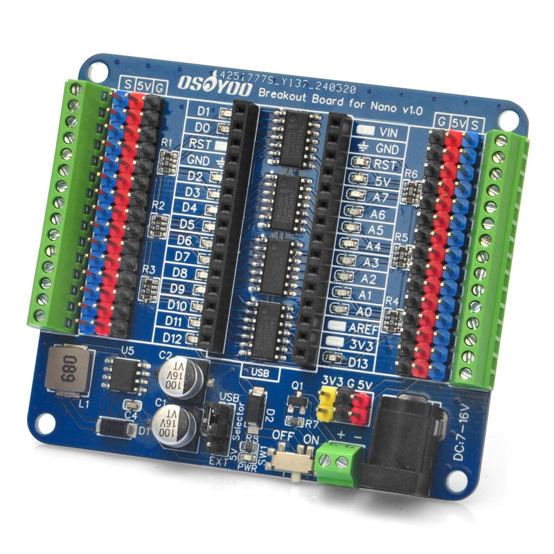 [Australia - AusPower] - OSOYOO Nano IO Shield Breakout Board with GPIO Status LED Terminal Extension Holder for Arduino Nano 
