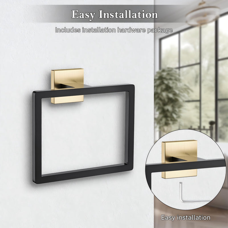 2-Piece Black Gold Towel Ring,Hand Towel Holder,Modern Towel Holder Stainless Steel Towel Rack Wall-Mounted Bathroom Towel Ring Black&gold 2 Pcs