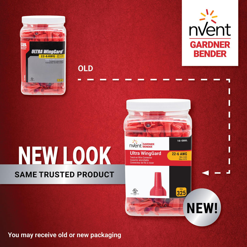 nVent Gardner Bender 16-086L WingGard Ultra Red Twist-On Wire Connectors, 325-Pk Large Jar, 600V-1000V Rated, High-Leverage Wings, Copper to Copper (Formerly: Gardner Bender) 325 Pack 22 - 6 AWG