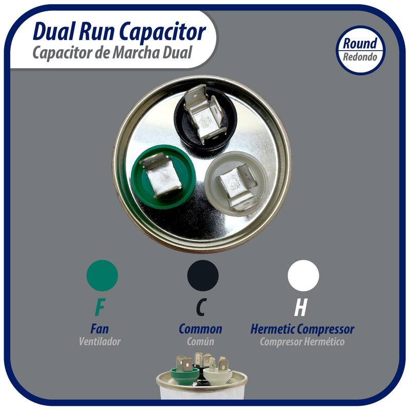 Appli Parts CON-45/10-450 Dual Run Capacitor for ac 45+10 Mfd uF (microfarads) 370VAC or 450VAC Round Universal fit for hvac and other applications 5-3/8 in High 2-1/8 in Wide