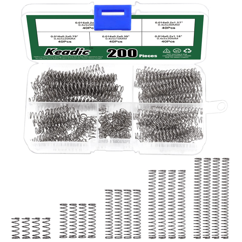 Keadic 200Pcs Mini Stainless Steel Extension Springs Assortment Kit, 0.4mm Wire Dia,5mm Outer Dia, 10mm-50mm Free Length Mechanical Compression Coil Spring Replacement for Household Applications 0.4mm WD Assortment Kit 200