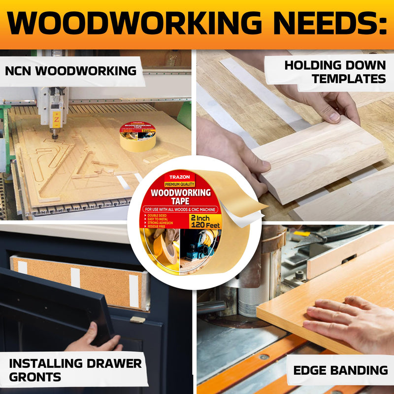 Trazon Double Sided Woodworking Tape Super Strong, 2 Inch x 120 Feet, Wood Crafter Sticky Tool, Two Side Adhesive for Router Templates and CNC Machine, Removable & Residue Free 1 2 Inch x 120 Feet, 1 Pack