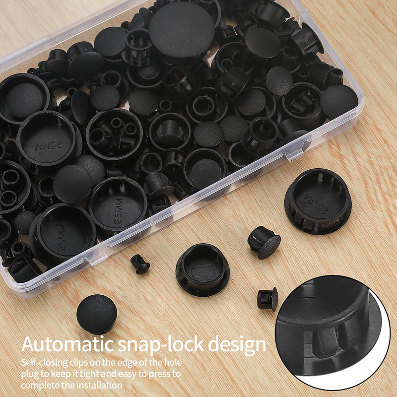 [Australia - AusPower] - Plastic Hole Plugs, 180pcs Black Panel Knockout Locking Plugs, Round Drill Screw Hole Plugs Covers for Kitchen Cabinet Furniture Insert End Caps, 1" 3/4" 1/2" 3/8" 5/16" 1/4" 1/5" A-black Mixed 