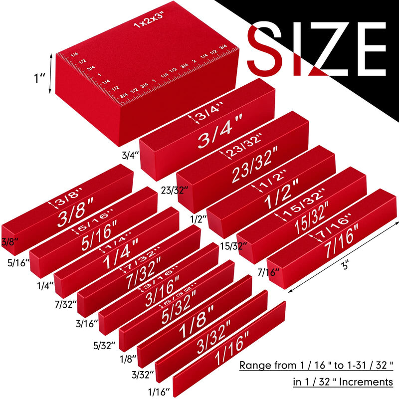 Setup Blocks Height Gauge Set, 15 Pieces Aluminum Block Precision Saw Kit Drill Press Table Router Setup Blocks Woodworking Tool Bars Accessories Laser Engraved Size Markings(Red) Red