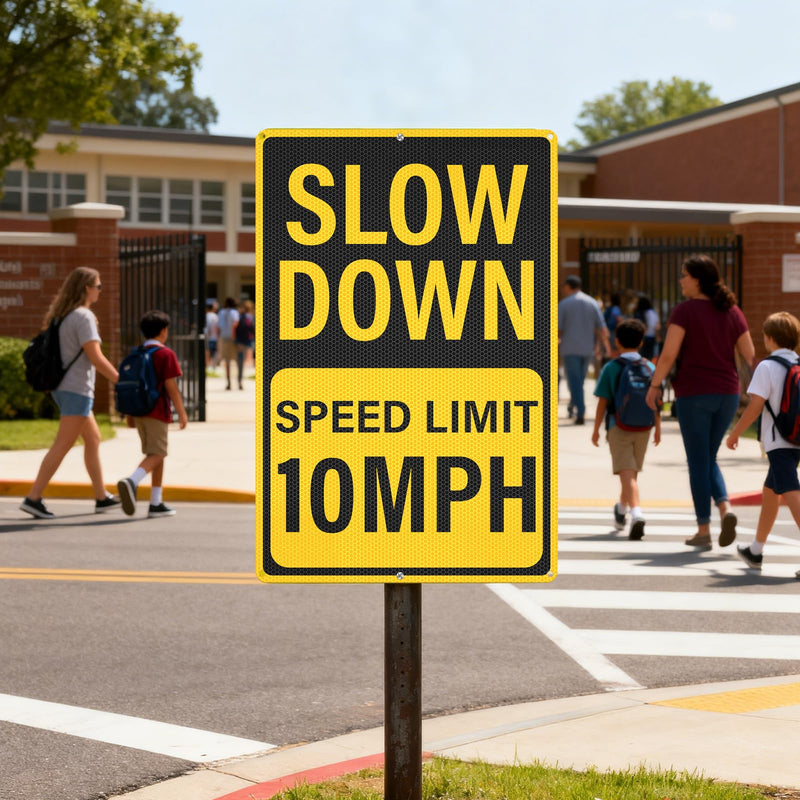 Slow Down Speed Limit 10 MPH Sign 12 x 18 Inches Reflective Aluminum Metal Traffic Sign Rust-Free Warning Signs for Driveway Parking Lots Neighborhoods Campground 2 Pack Yellow