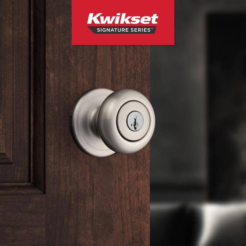 Kwikset Juno Entry Door Knob with Lock and Key, Secure Keyed Handle Exterior, Front Entrance and Bedroom, Satin Nickel, Pick Resistant SmartKey Rekey Security and Microban, 2 1 Pack Keyed Entry