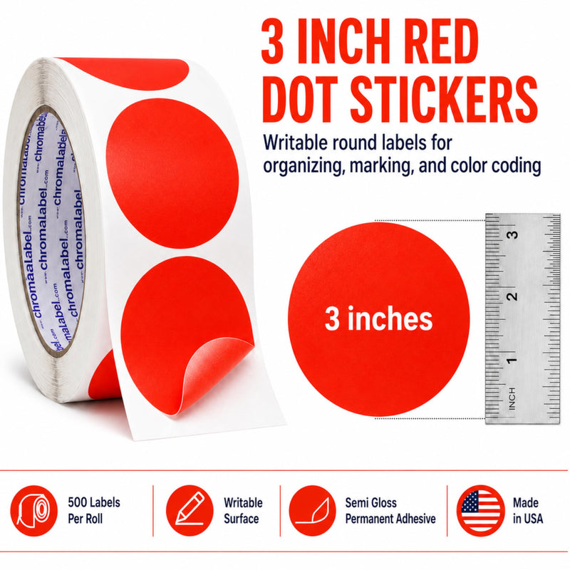 ChromaLabel 3 Inch Red Dot Stickers, Round Color Coding Labels, Large Circle Stickers for Inventory, Warehouse, Retail, Classroom, Office and Storage, Permanent Adhesive, 500 Labels per Roll 3"