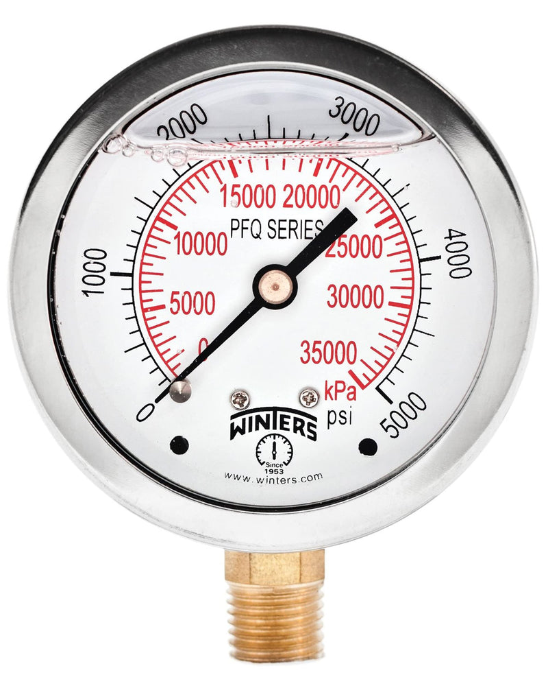 [Australia - AusPower] - Winters 2-1/2" Dial Size, Liquid Filled Industrial Pressure Gauge, Brass Internals, Stainless Steel Case, Dual Scale 0-5,000 psi/kPa, 1.5% Acc, 1/4" NPT Bottom Mount, Glycerin Filled Pressure Gauge 0/5,000 PSI/kPa 