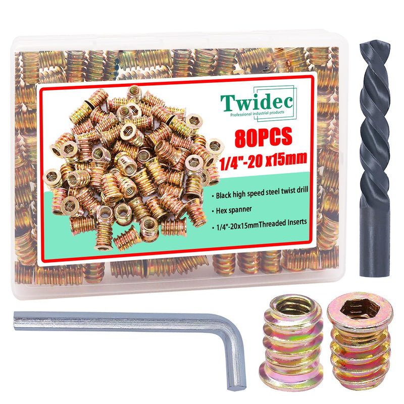 Twidec/80PCS 1/4"-20 Threaded Inserts for Wood Furniture Screw-in Nut Wood Inserts Bolt Assortment Kit with M6 Hex Wrench (1/4"-20 x15mm) N-059 1/4"-20 X15mm