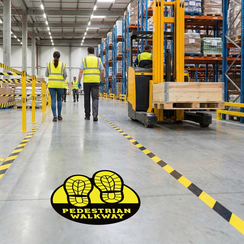 5 Pack Pedestrian Walkway Floor Sticker Sign - 9 x 10.5 Inches Pedestrian Floor Label Footprints Sticker Anti-slip Self-adhesive Vinyl Decal for Industrial Businesses Commercial