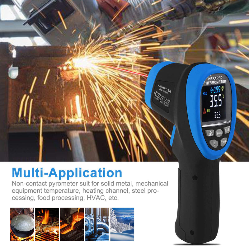 [Australia - AusPower] - AIOMEST 50: 1 Infrared Thermometer -58°F ~3272°F (-50~1800℃) Digital High Temperature Pyrometer with Adjustable Emissivity, Digital Laser IR Temp Gun for Cooking Kiln HVAC (NOT for Human Temp) AN-1800C (Color Screen) 