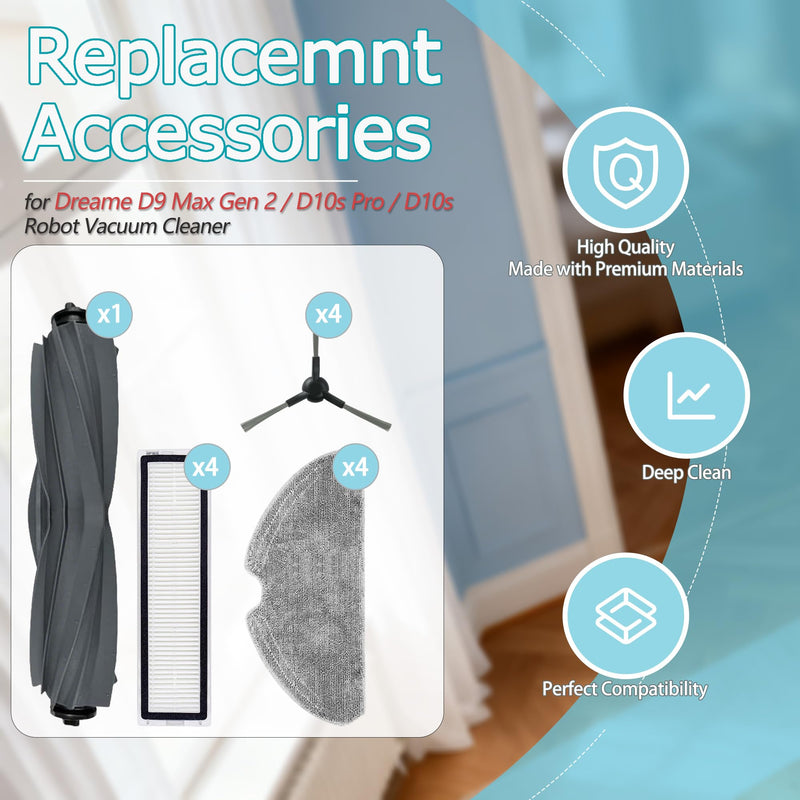 [Australia - AusPower] - Replacement Parts Compatible with Dreame D9 Max Gen 2/ D10s Pro/ D10s Robot Vacuum Cleaner 1 Main Brush, 4 Side Brushs, 4 HEPA Filters and 4 Mop Pads (13 Pack) 