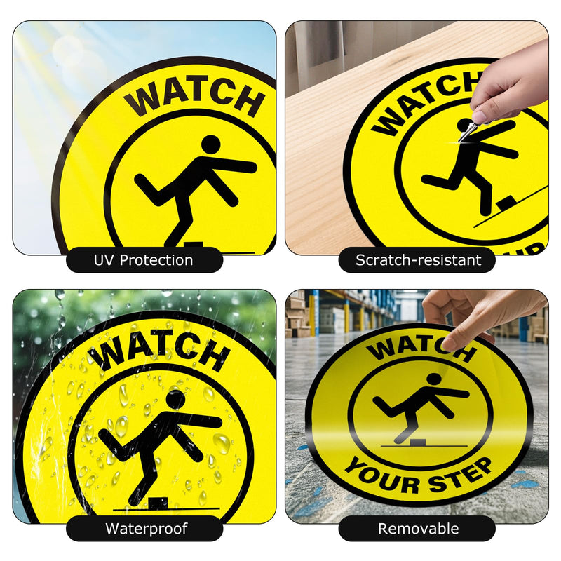 5 Pack Watch Your Step Floor Sticker Anti-Slip Safety Sign 17 × 17 Inches Self Adhesive Vinyl Waterproof Signage for Floors Stairs Warehouses Offices Retail Stores