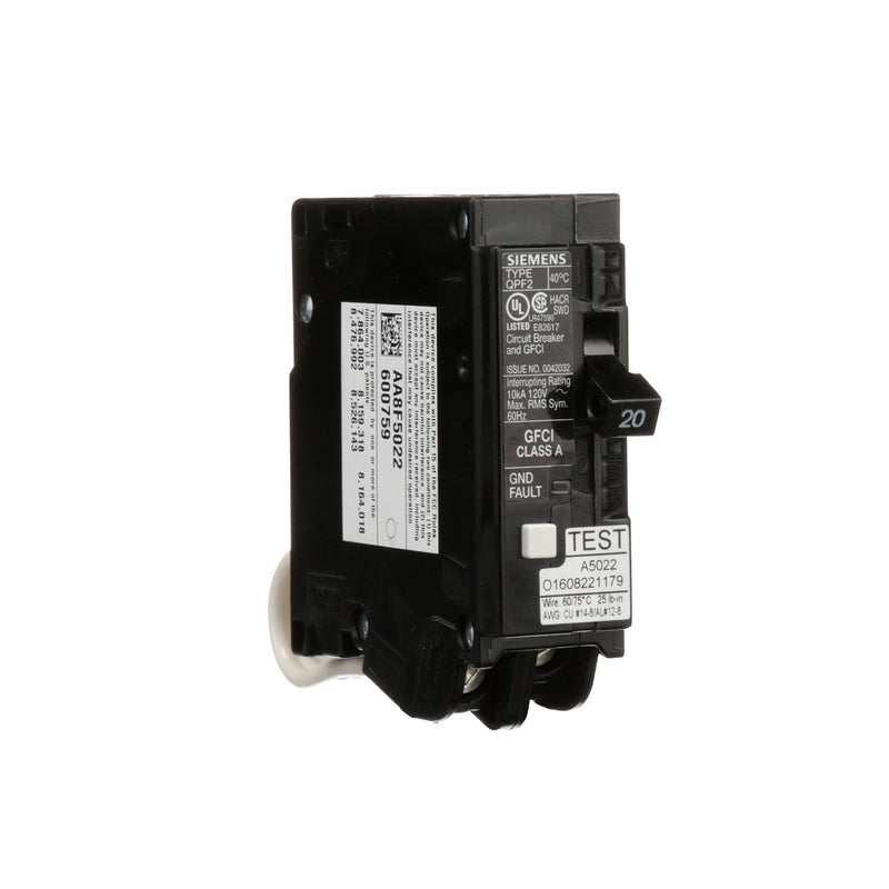 SIEMENS QF120A Gfci Circuit Breaker, Plug In, Self Testing, 20 Amp, 1-Pole, 120 Volt Circuit Interrupter