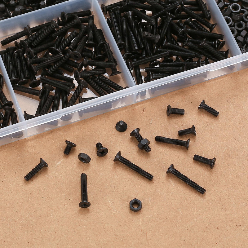 [Australia - AusPower] - Countersunk Head Phillips Screws and Hex Nuts Assortment Kit, 780 Pcs Flat Head Machine Screws Bolts and Nuts Set, M3 x 4mm/6mm/8mm/10mm/12mm/16mm/20mm, Black (A) M3-780 