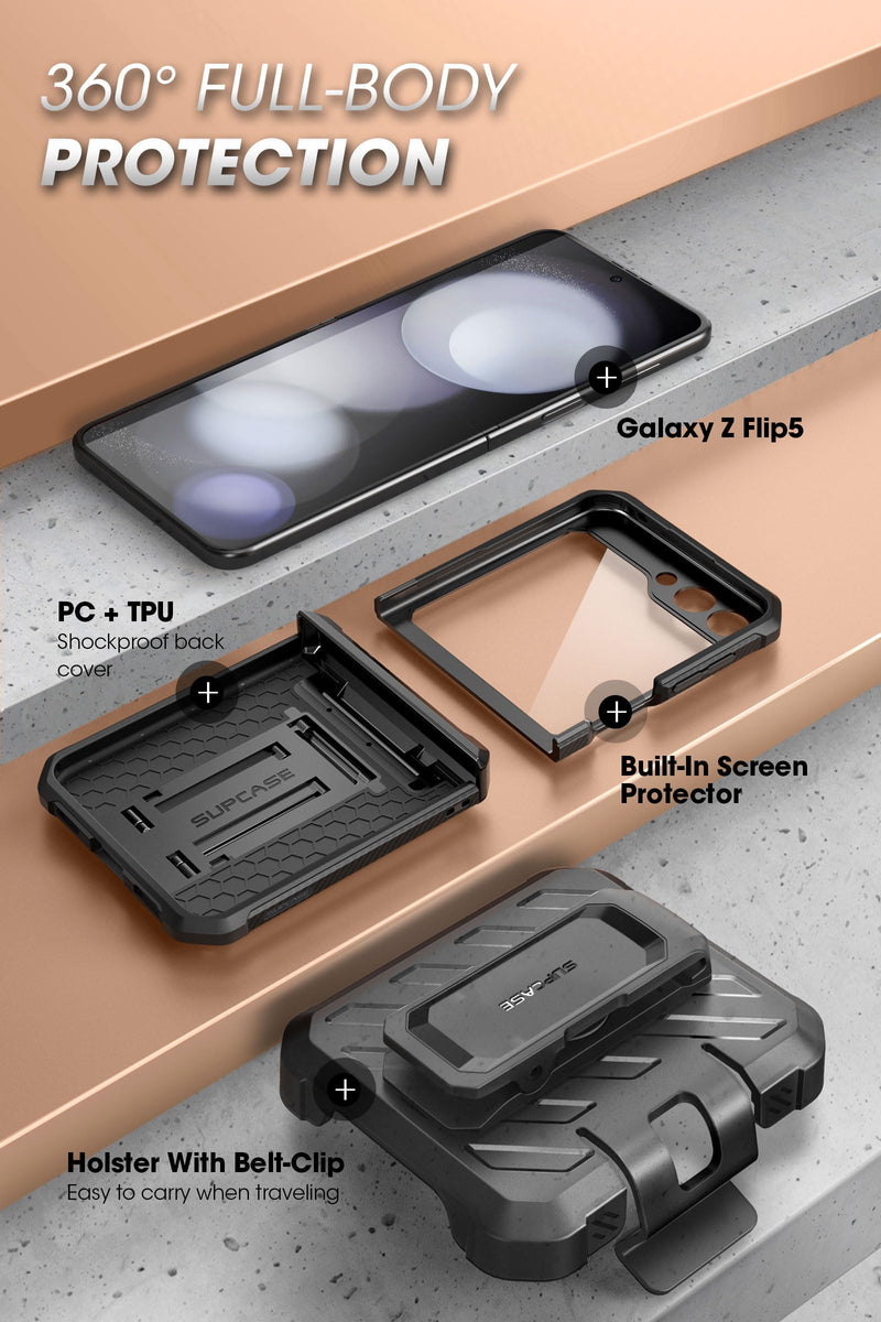 [Australia - AusPower] - SUPCASE Unicorn Beetle Pro Series Case for Samsung Galaxy Z Flip 5 5G (2023), [Hinge Protection] Dual Layer Rugged Protective Case with Holster & Kickstand (Black) Black 