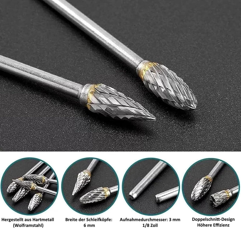 10 pieces double cut burrs carbide 3 mm shank 6 mm grinding head | Rotary Cutter Bits Rasp Set for Grinding Carving Metal Polishing Engraving Drilling