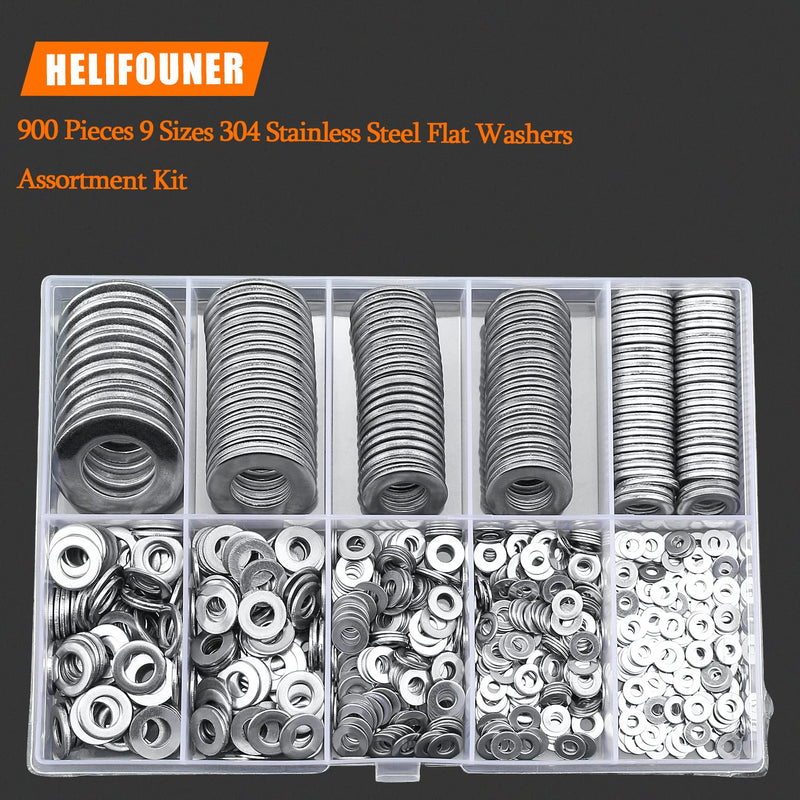 [Australia - AusPower] - 900 Pieces 304 Stainless Steel Flat Washers for Screws Bolts, HELIFOUNER Assorted Kit, Lock Metal Washers (M2 M2.5 M3 M4 M5 M6 M8 M10 M12) Silver 