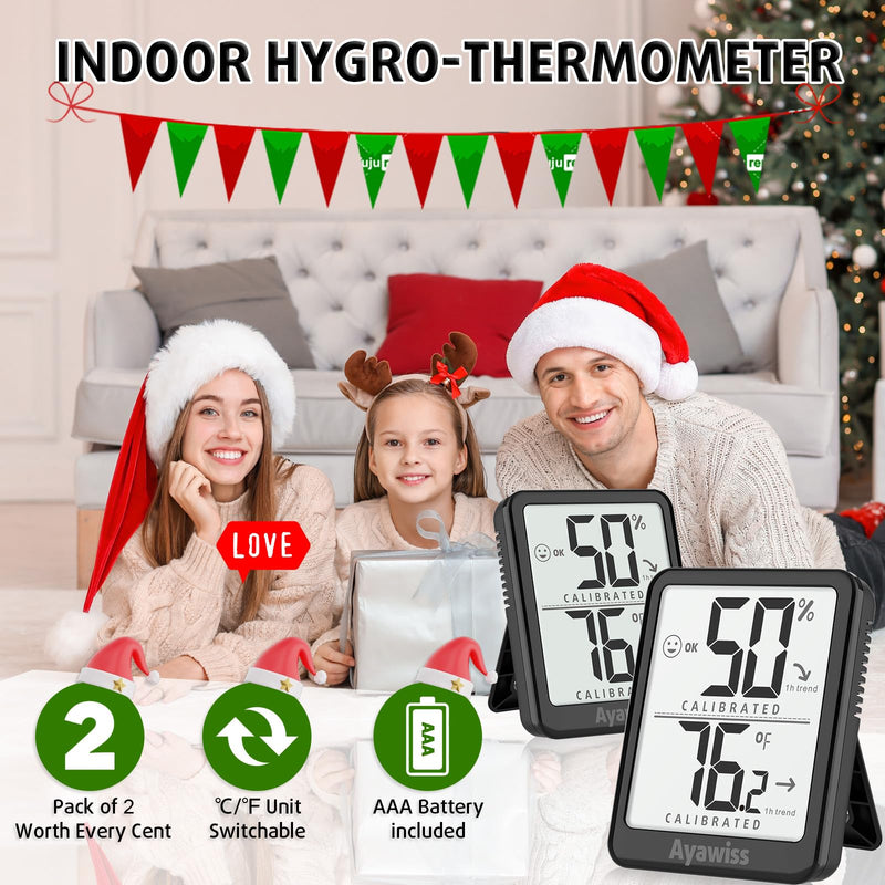 [Australia - AusPower] - 2-Pack Room Thermometer Indoor Hygrometer for Home, Temperature Humidity Meter, Humidity Gauge, Digital Room Temperature Monitor Sensor for Baby Nursery Car Plant - AAA Battery Included Black 2 - Pack 