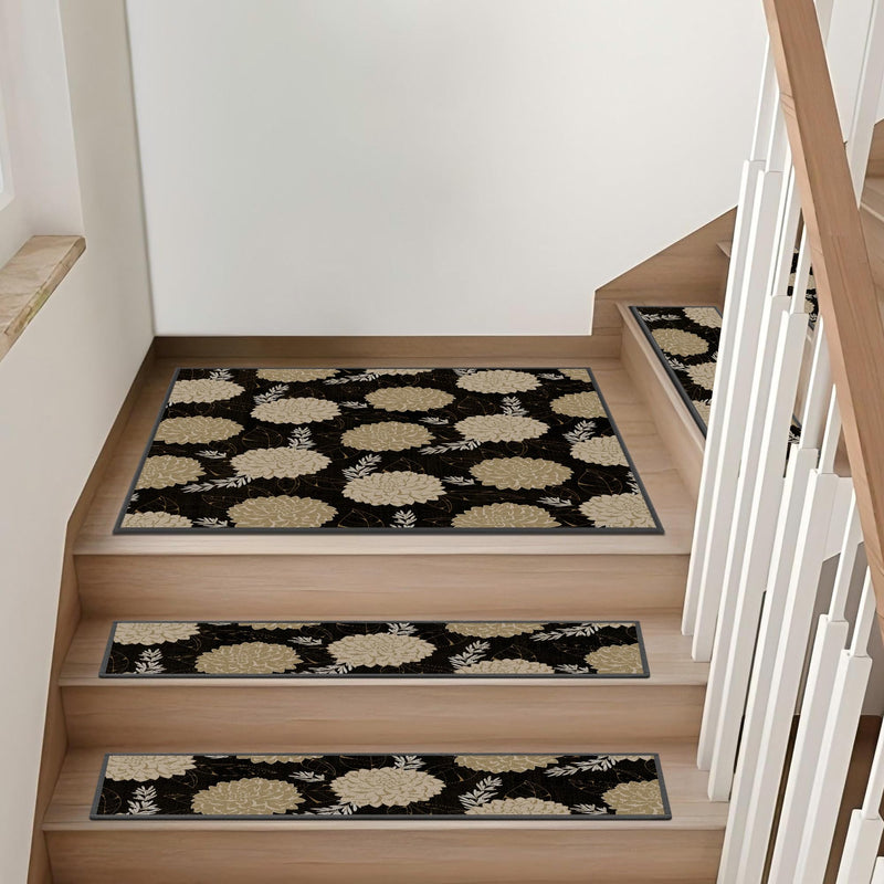 Non-Slip Carpet Stair Treads 4PCS, 8"x30" Peel and Stick Stair Runner for Wooden Steps Indoor, Washable Reusable Adhesive Backing, Pet-Friendly Safety Mats for Kids, Elders, Dogs 8inch x 30inch Black | Beige 4