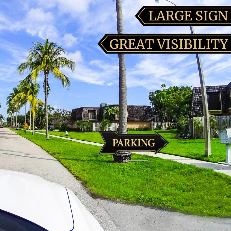 Menkxi 6 Pack Directional Arrow Parking Sign with Metal Stakes17 x 6 Inch Double Sided Wedding Arrow Parking Signs Black and Gold Yard Sign Event Guest Parking Sign for Outdoor Yard Wedding