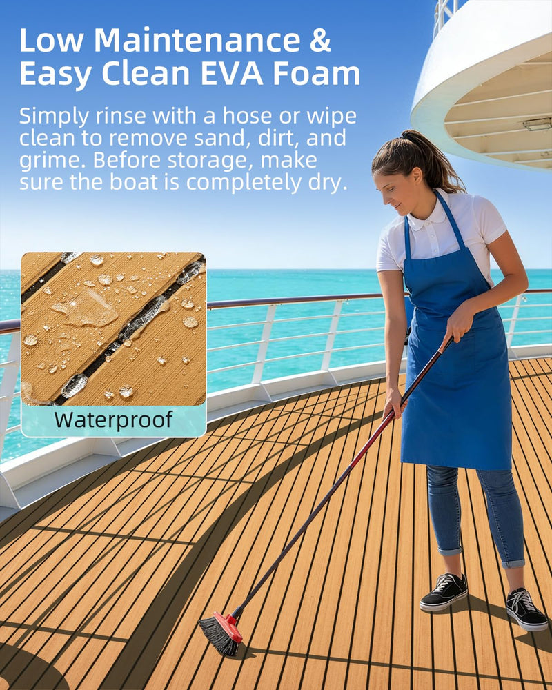 Boat Flooring Faux Teak | EVA Foam Marine Camouflage Decking with Self-Adhesive Backing Non Slip Sheet for Motor Pontoon Boat Yacht RVs Kayak Surfboad Camel Brown with Black Lines 48''L x 16.8''W