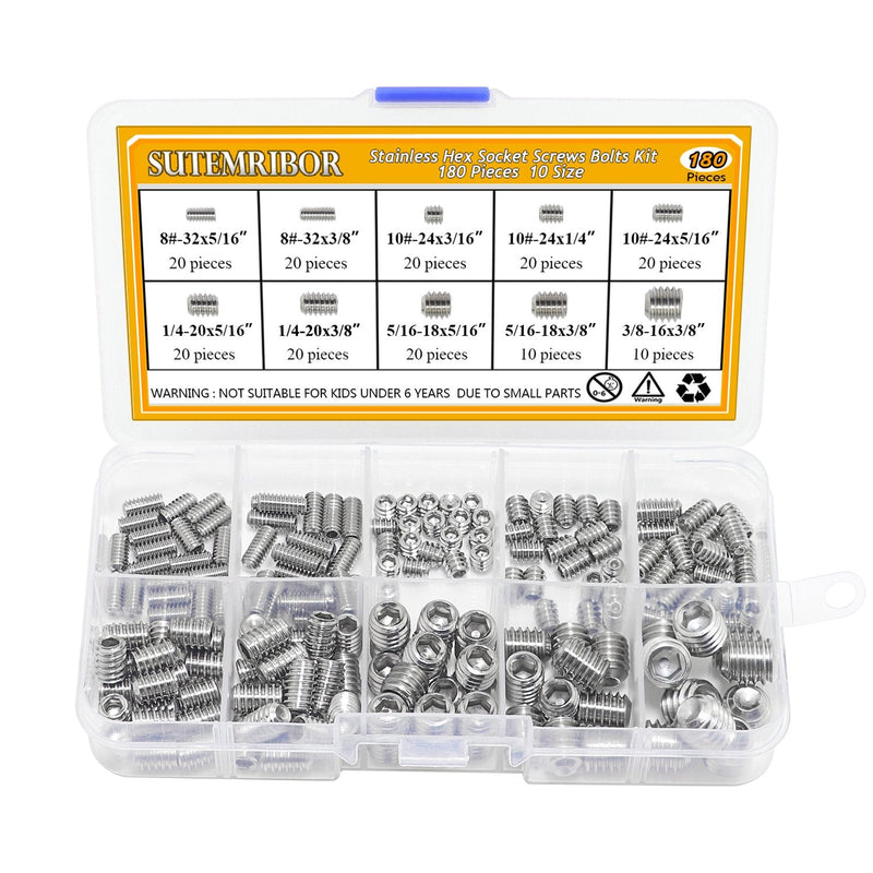 [Australia - AusPower] - 380Pcs 20 Sizes, 4#-40 to 3/8"-16 Stainless Steel Internal Hex Drive Cup-Point Set Screws Assortment Kit 