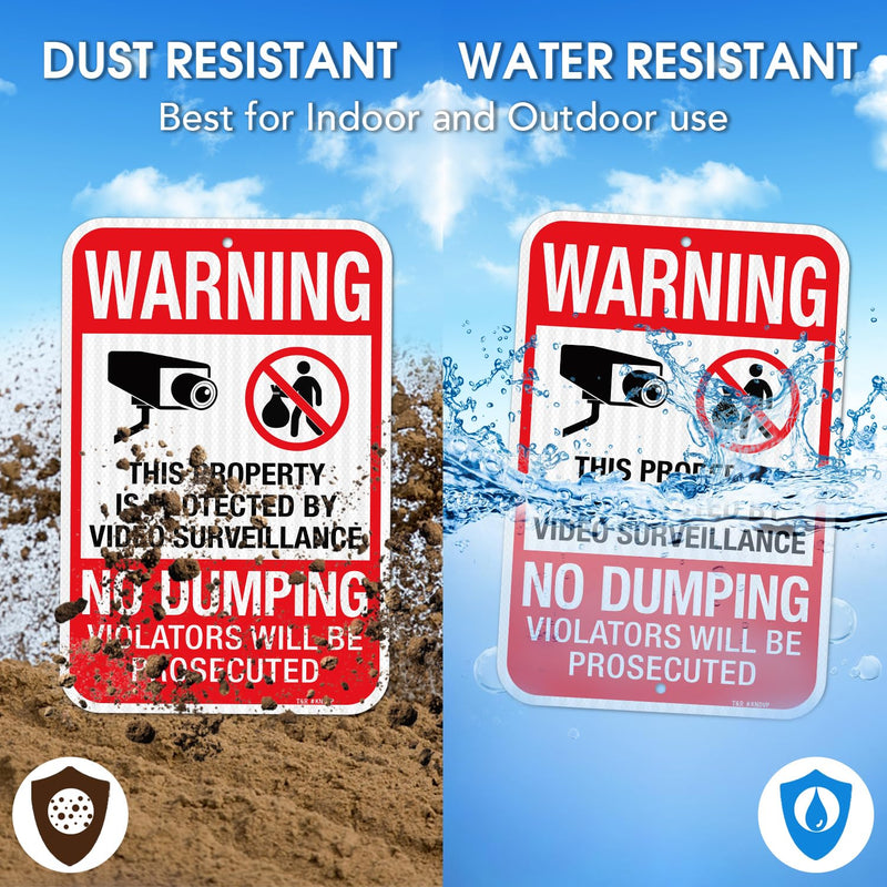 T&R (2 pack) No Dumping, Property Protected By Video Surveillance Sign, 18"x12" Engineer Grade Reflective Sheeting, Rust Free Aluminum, Weather Resistant, Fade Resistant, 2 Pre-drilled Holes Red - 2 Pack