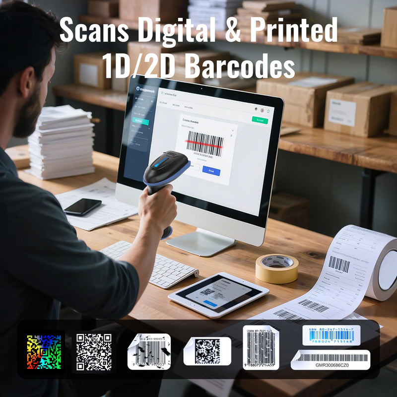 Tera 1D 2D QR Barcode Scanner Wireless and Wired with Battery Level Indicator Digital Printed Bar Code Reader Cordless Handheld Barcode Scanner Compact Plug and Play Model D5100 2D Blue