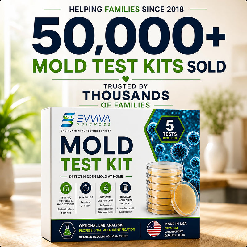 Evviva Sciences Mold Test Kit for Home - 5 Simple Detection Tests w/Optional Lab Analysis (Extra Fee), Test HVAC System, Home Surfaces, & Indoor Air Quality - Downloadable Mold Information Guide