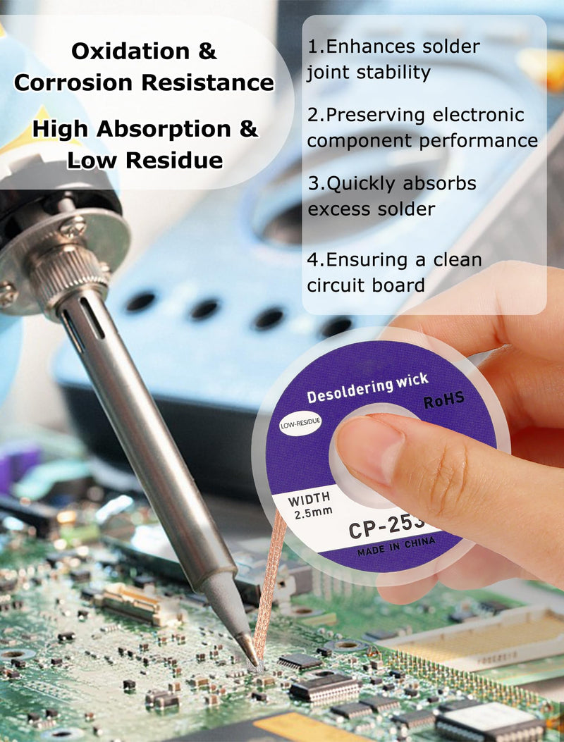 [Australia - AusPower] - Pack of 3 Desoldering Braids - Copper Desoldering Wire (1.5 mm x 3 m, 2.5 mm x 3 m, 3.5 mm x 3 m) | Ideal for Desoldering and Removing Solder at Solder Points | High Thermal Conductivity Soldering 