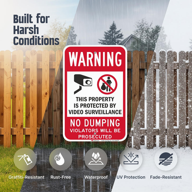 SmartSign 18 x 12 inch “Warning - No Dumping, Property Protected By Video Surveillance” Metal Sign, 63 mil Aluminum, 3M Laminated Engineer Grade Reflective Material, Red, Black and White, USA-Made 12" x 18" EG Reflective Aluminum