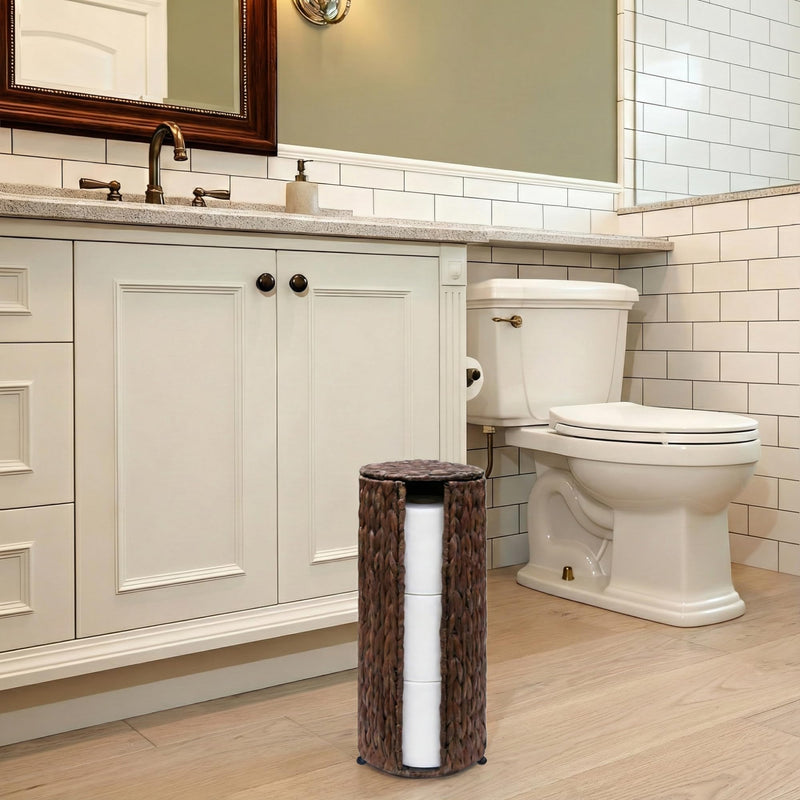 PINXIURY Water Hyacinth Paper Roll Holder, Wicker Toilet Paper Holder Stand for Bathroom, Toilet Roll Holder Stand for Bathroom and Under Sink, 3 Rolls of Toilet Paper Storage, Coffee