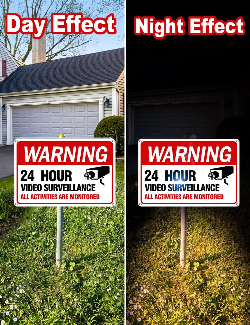 Video Surveillance Sign, 4-Pack 12"x 8" Security Camera Signs, Reflective and Waterproof Material 24 Hour Surveillance Sign For Home/Business sing-02-Red 4 Packs