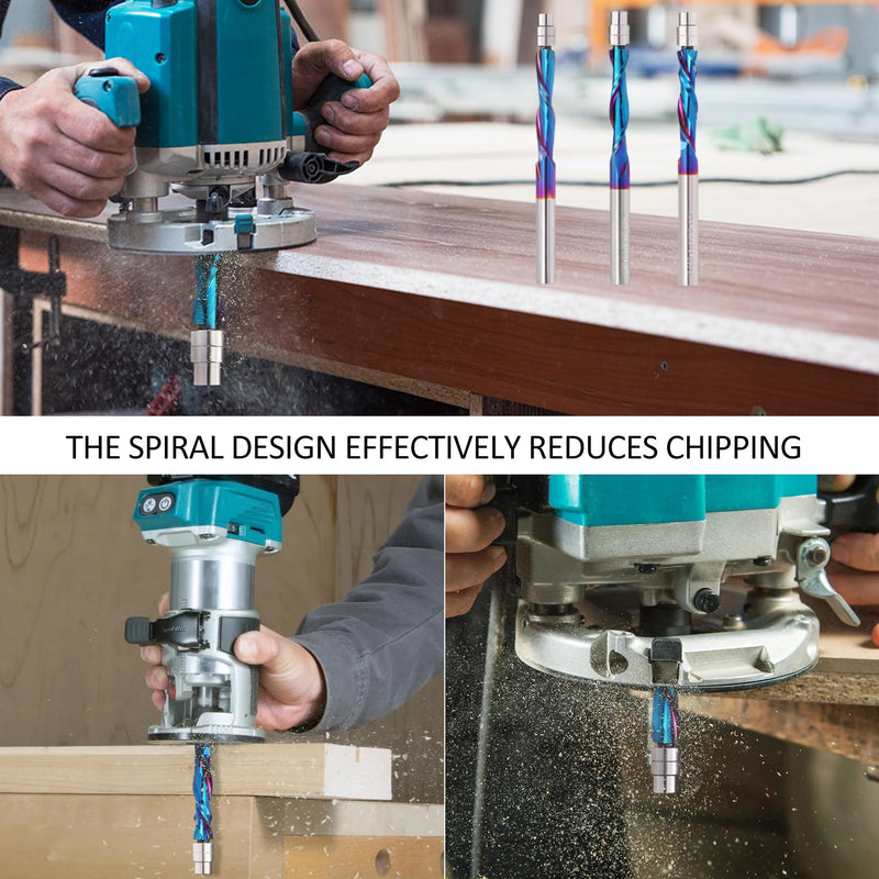 [Australia - AusPower] - 3PCS Spiral Flush Trim Router Bit Set ,1/4 Inch Shank , with Nano Coated ,for Wood Trimming,Set of 1pcs Up Down Compression Router Bit+ 1pcs Downcut Bits+1pcs Up Cut Bits 3 Up Cut +Down Cut + Compression Cut 