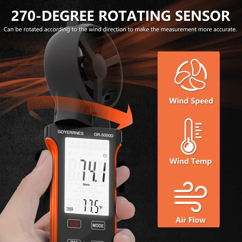 [Australia - AusPower] - Air Flow & Wind Speed Meter, Handheld CFM Anemometer with Waterproof Touch Button, CFM Meter Gauge Air Velocity Measuring Device for HVAC Outdoor [Rechargeable] 