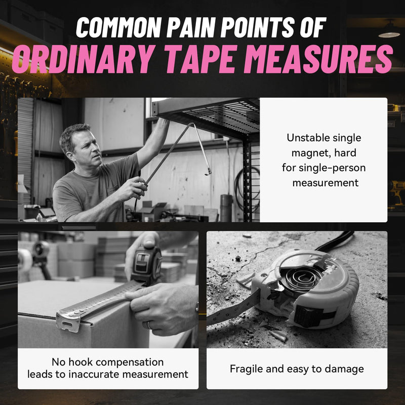 GRENPRO 25FT Magnetic Tape Measure, 1/8 Fractions Easy Read Double Sided Measuring Tape, Retractable Nylon Coated Tape with Magnetic Hook, Shock Absorbent Case for Construction, Carpentry, Woodworking Pink