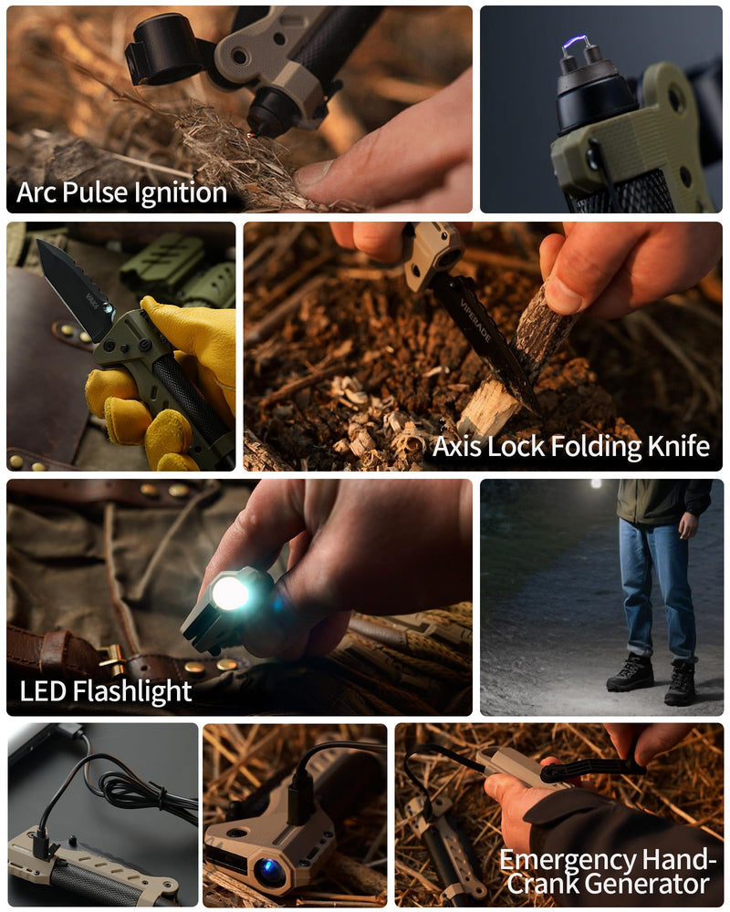 VIPERADE VAK6 Survival Multitool with Folding Knife, LED Flashlight, Pulse Ignition and Hand Crank Generator, Camping Multitool Knife Rechargeable Flashlight with Belt Sheath Black