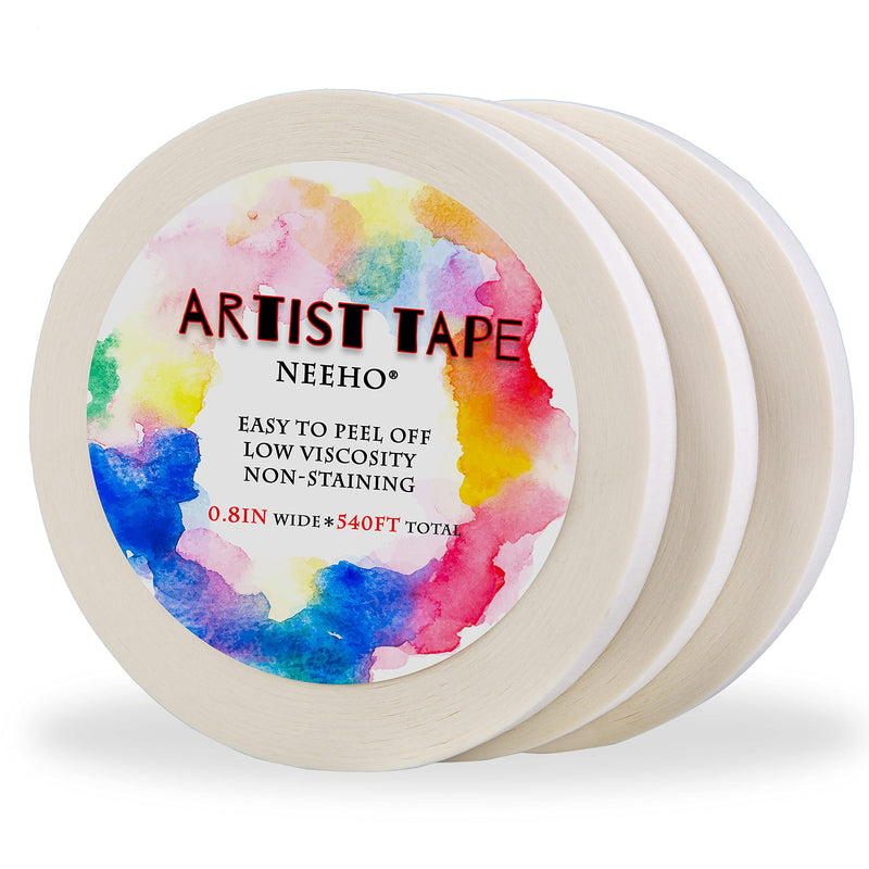 Artist Tape for Drafting Art, 3 Pack Acid-Free White Masking Tape for Watercolor Painting Canvas Framing, 0.8inch Wide 540FT Long Total